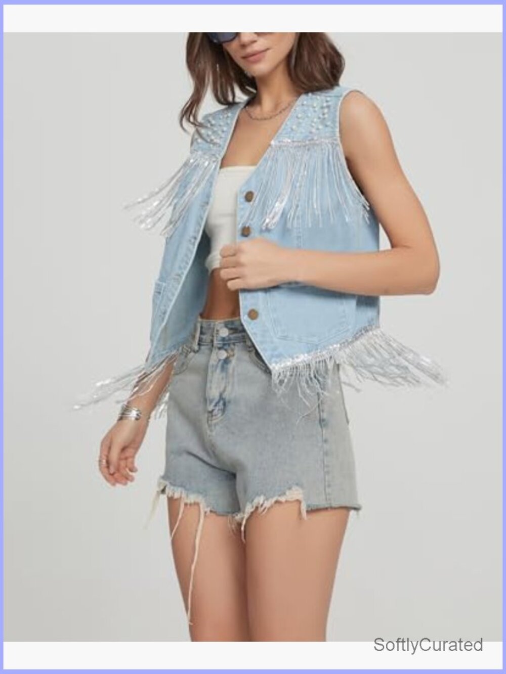 Cropped Fringe Denim Vest Pearl Sequin Y2K Western Cowgirl Vest Top - Picture 3 of 7